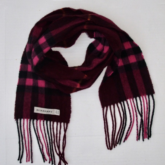 Burberry Scarf Rare Raspberry Cashmere Plaid Skinny Long Fringe made in Scotland - Picture 4 of 5